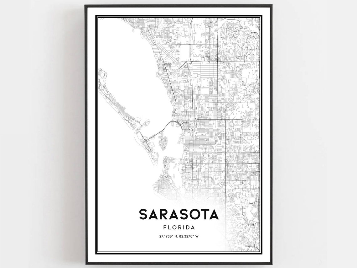 Sarasota Map Print Poster Wall Art Fl City Florida Street Decor Road Gift B336v4