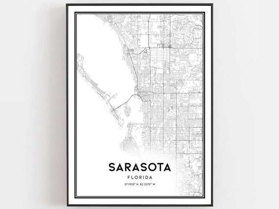 Sarasota Map Print Poster Wall Art Fl City Florida Street Decor Road Gift B336v4
