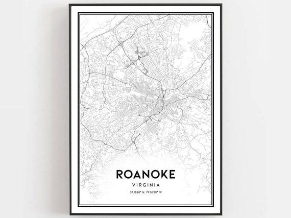 Roanoke Map Poster Print, Virginia Street Decor