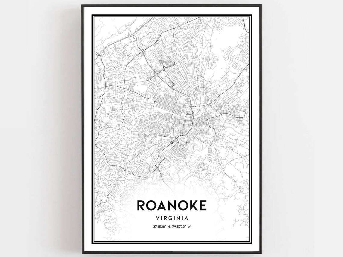 Roanoke Map Poster Print, Virginia Street Decor