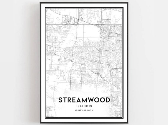 Streamwood Map Print Poster Wall Art Il City Illinois Street Decor Road Gift B1596