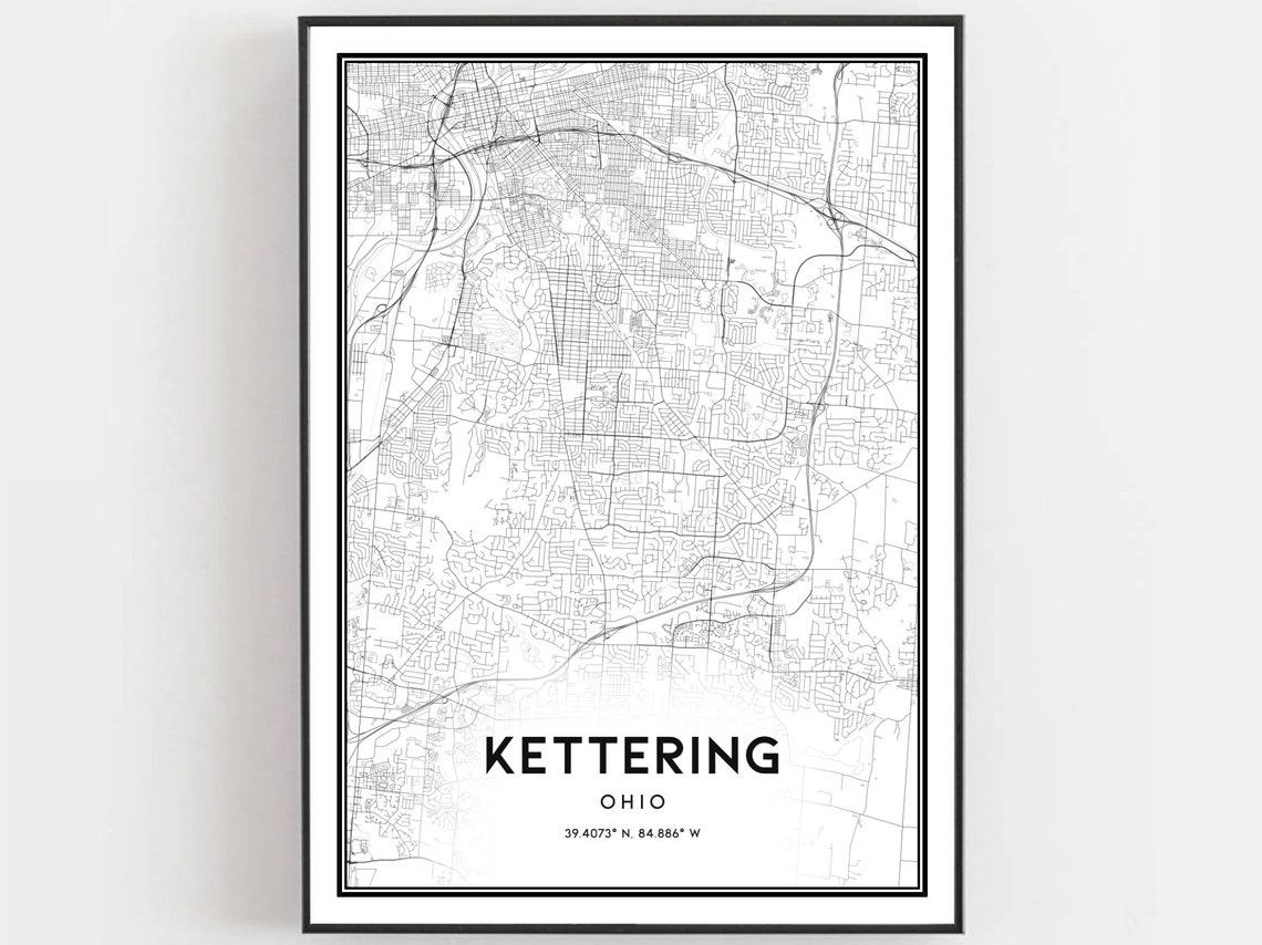 Kettering Ohio Minimalist Black White City Street Road Map Poster