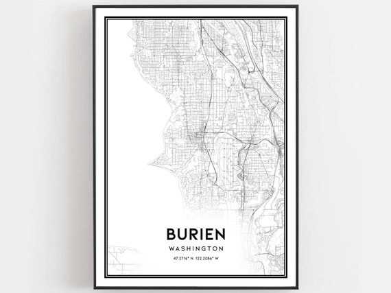 Burien Map Print Poster Wall Art Wa City Washington Street Decor Road Gift B1380