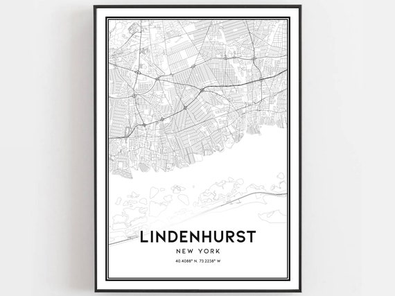 Lindenhurst Map Print Poster Wall Art Ny City New York Street Decor Road Gift
