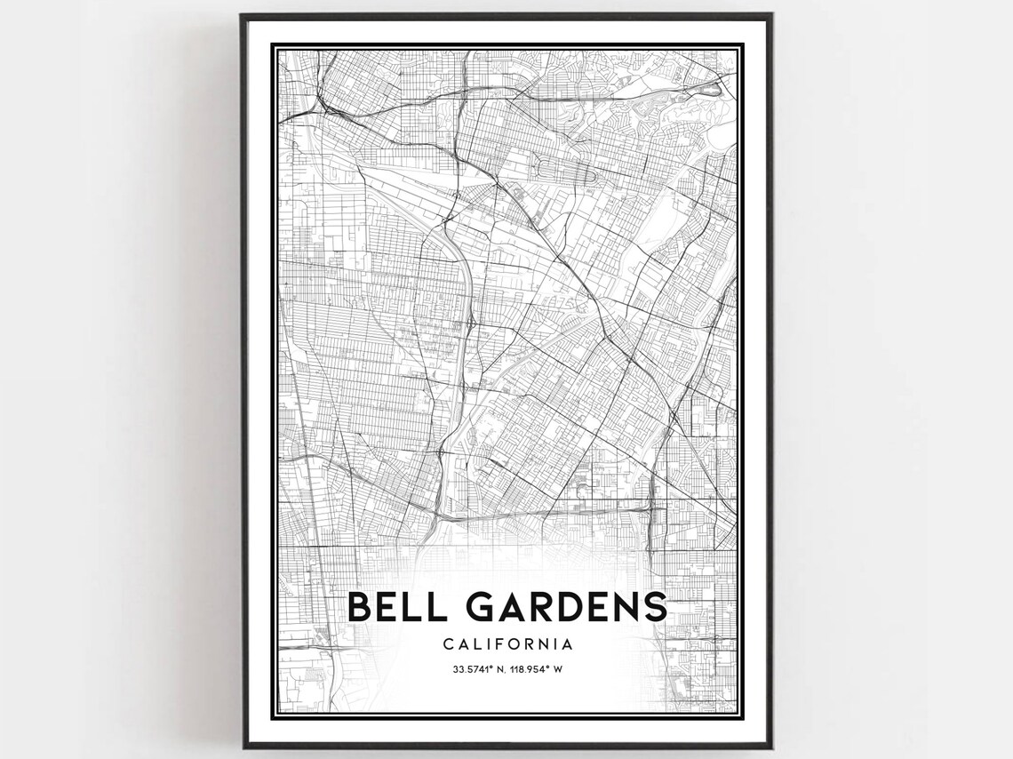 Bell Gardens California Minimalist Black and White City Street Map Poster