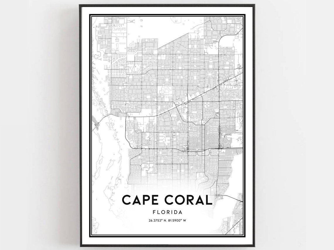 Cape Coral Florida Minimalist Black and White Street Map Poster