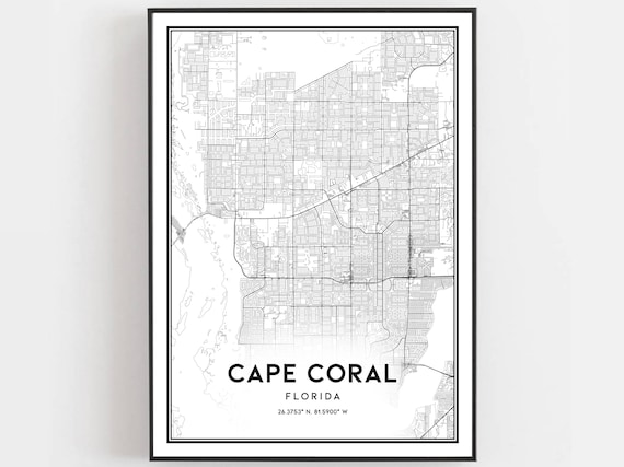 Cape Coral Florida Minimalist Black and White Street Map Poster