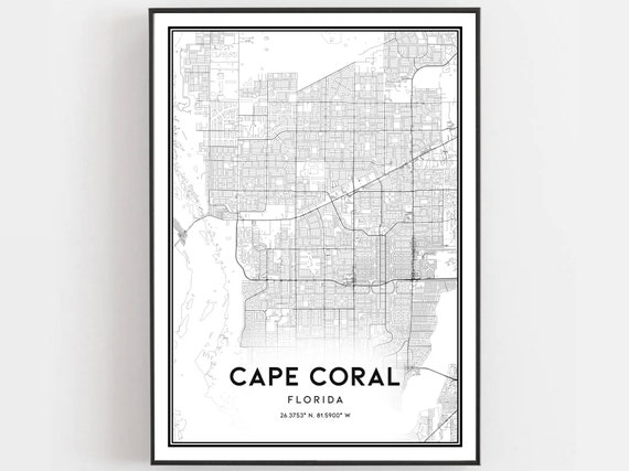 Cape Coral Map Print Poster Wall Art Fl City Florida Street Decor Road Gift B354