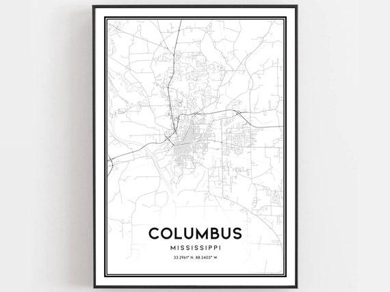 Columbus Map Print Poster Wall Art Ms City Mississippi Street Decor Road Gift B1829