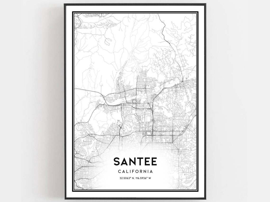 Santee California Minimalist Black White City Street Map Poster