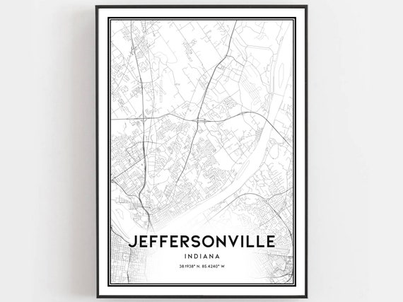 Jeffersonville Map Print Poster Wall Art In City Indiana Street Decor Road Gift B1455