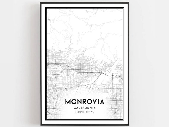Monrovia Map Print Poster Wall Art Ca City Street Decor Road Gift B1682