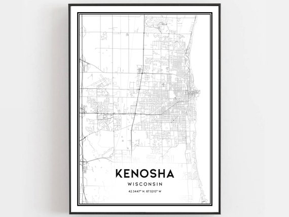Kenosha Map Print Poster Wall Art Wi City Wisconsin Street Decor Road Gift B774