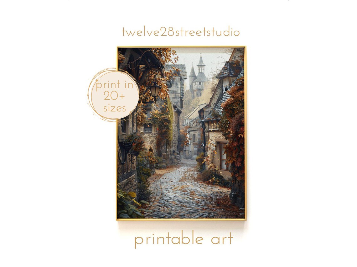 European Old Town Cobblestone Alley Autumn Street Travel Poster