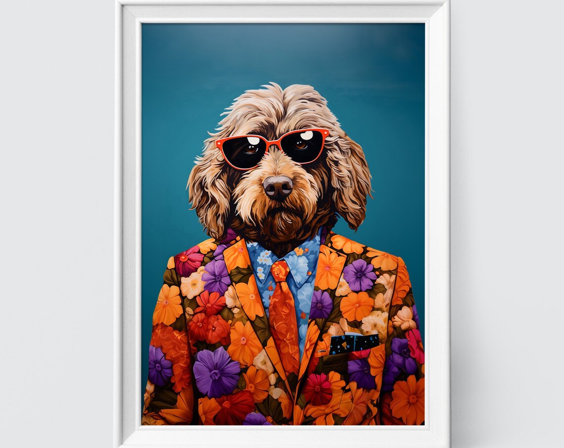 Labradoodle In Red Sunglasses Floral Suit Funny Dog Wall Poster