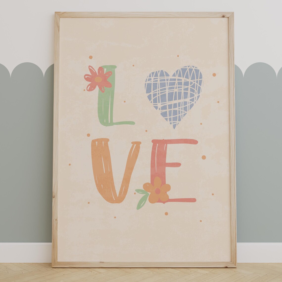 Playful LOVE Floral Typography with a Woven Blue Heart Poster