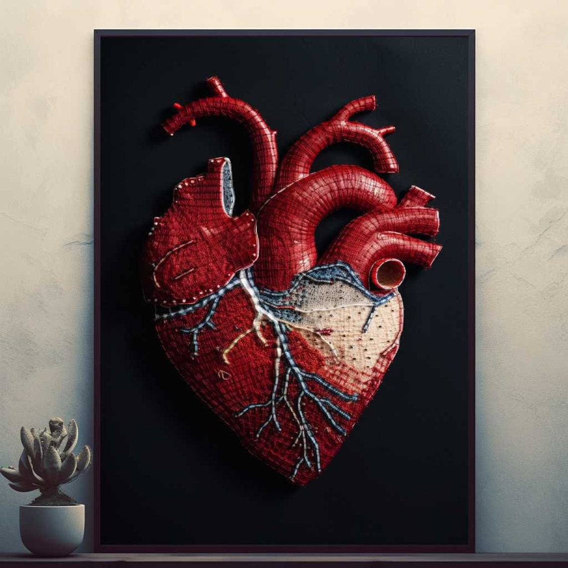 Anatomical Human Heart String Art on Black Background Poster