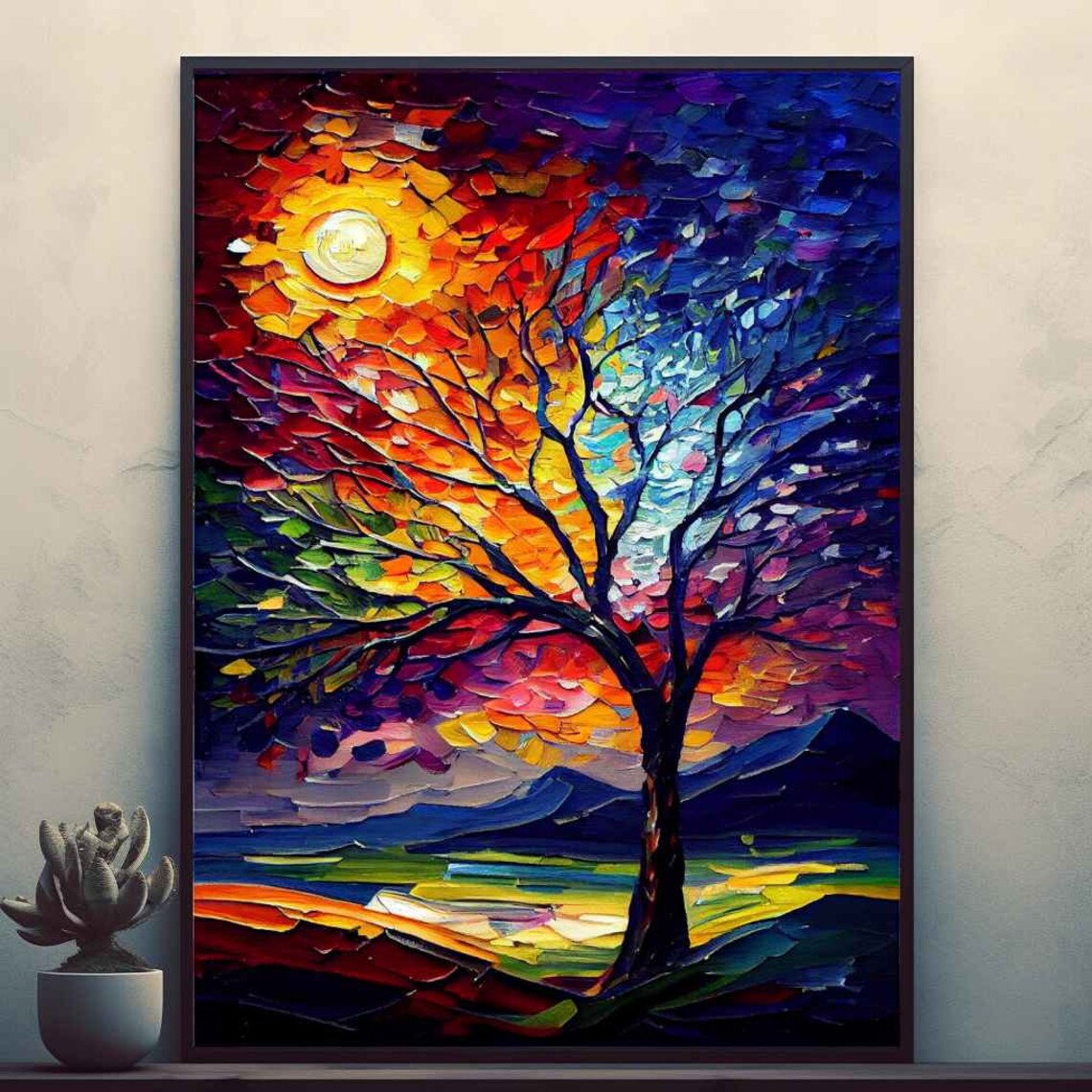 Colorful Tree of Life Impasto Oil Painting Nature Art Poster