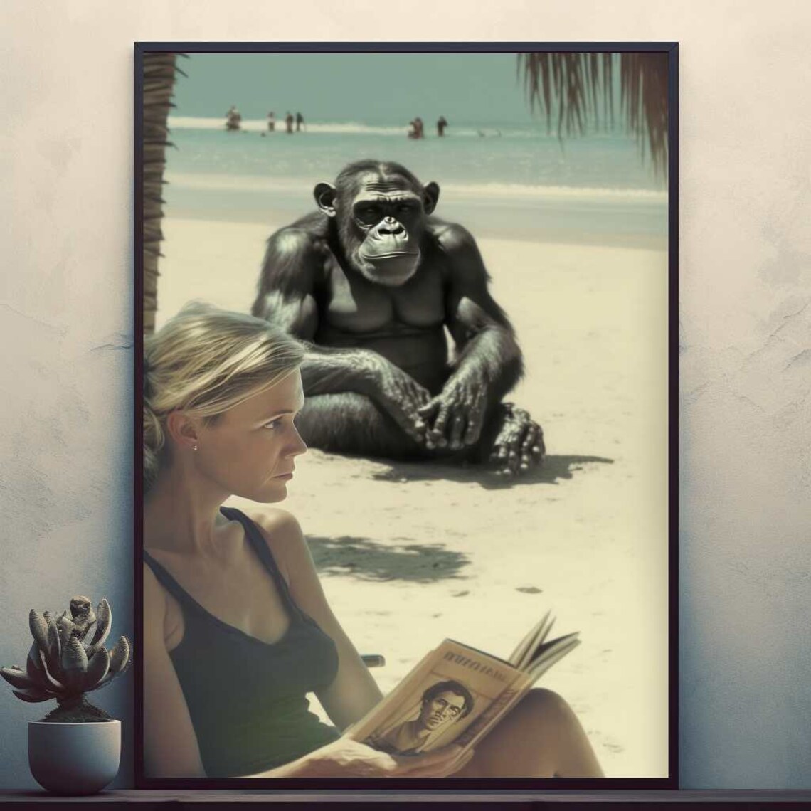 Chimpanzee Sitting on Tropical Beach Behind Reading Woman Poster