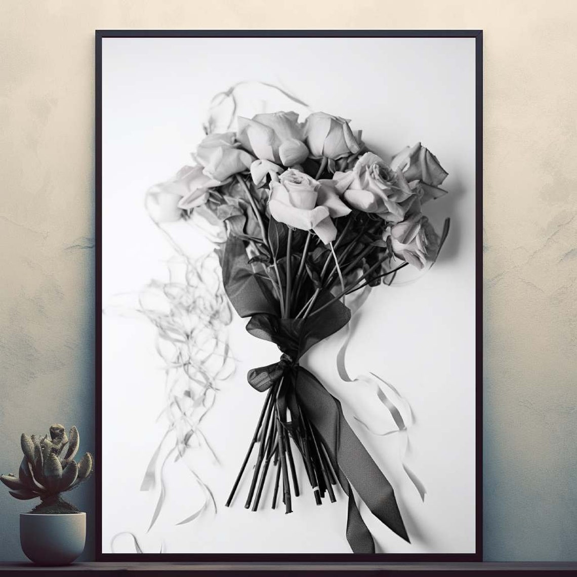 White Roses Bouquet Tied with Black Ribbon Monochrome Poster
