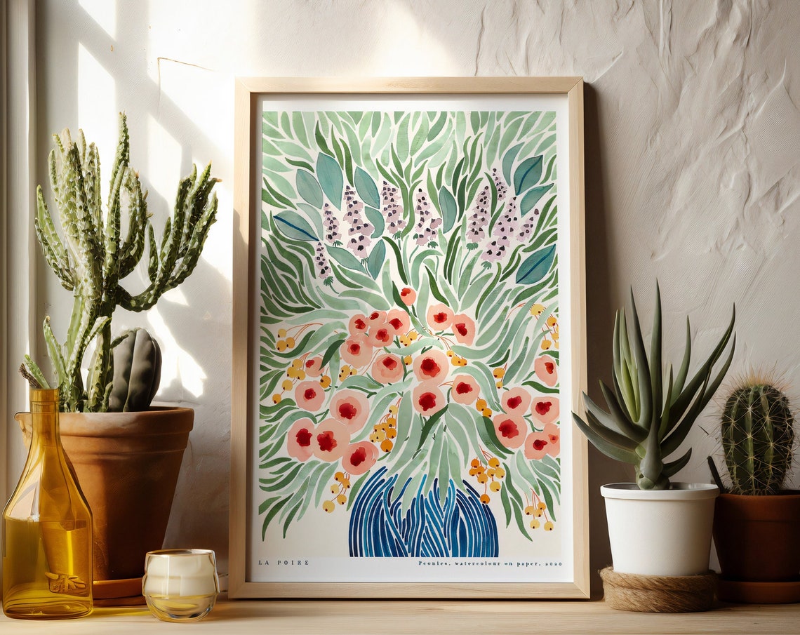 Charming La Poire Pink Peonies Watercolor Still Life Art Poster