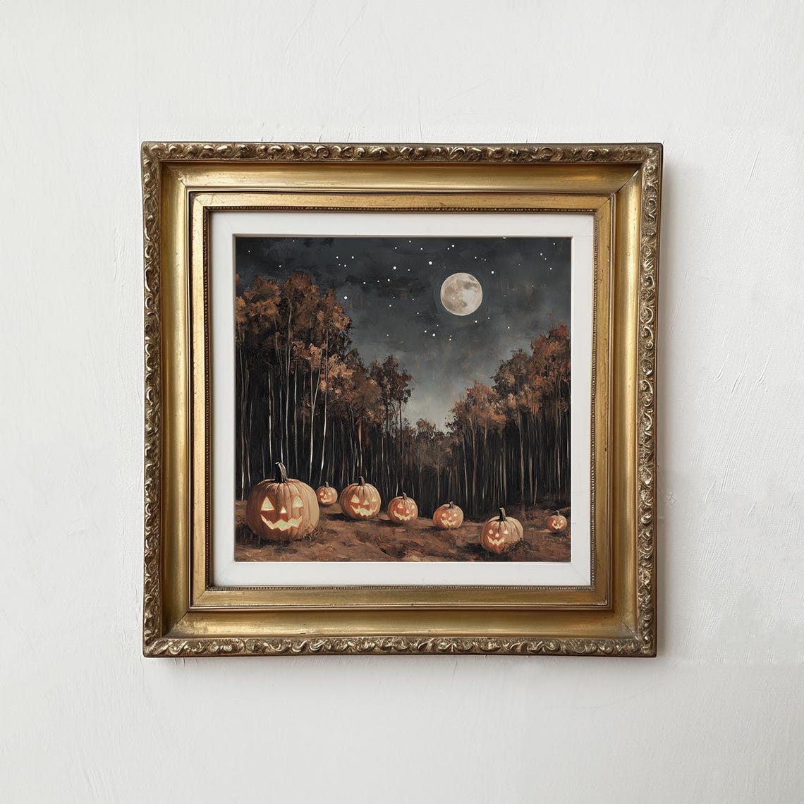 Jack O Lanterns In Dark Forest Full Moon Halloween Art Print - Image 3