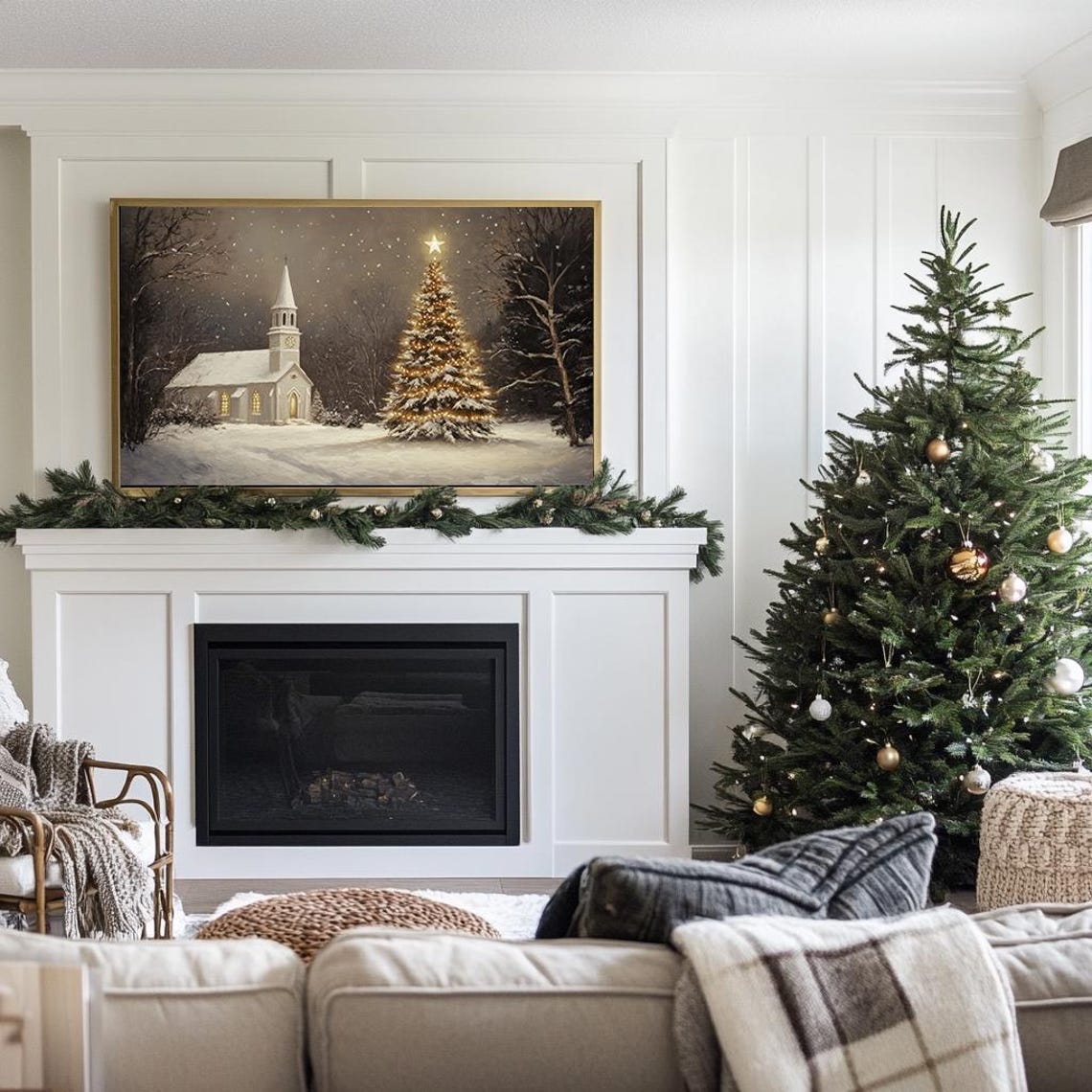Christmas Frame Tv Art Vintage Church Oil Painting Christmas Tree Art Neutral Holiday Decor Winter Village Landscape Tv Art Tv353 - Image 3