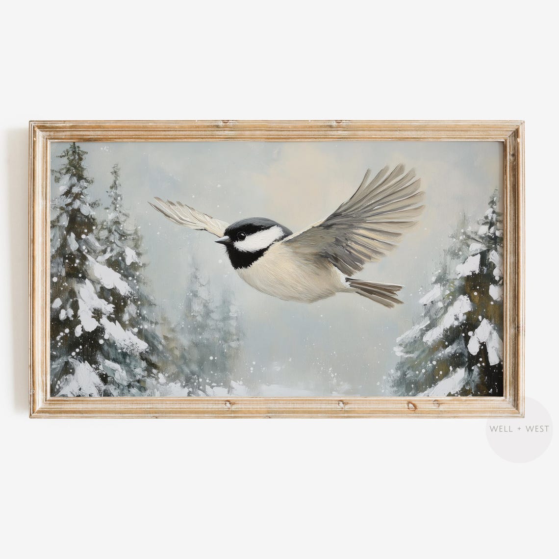 Chickadee in Flight Over Snowy Pines Winter Forest Wall Art Print