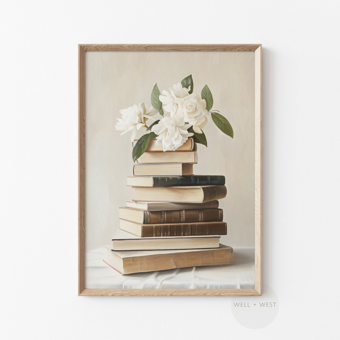 Stack Of Books With White Flowers, Vintage Art Print - Image 2