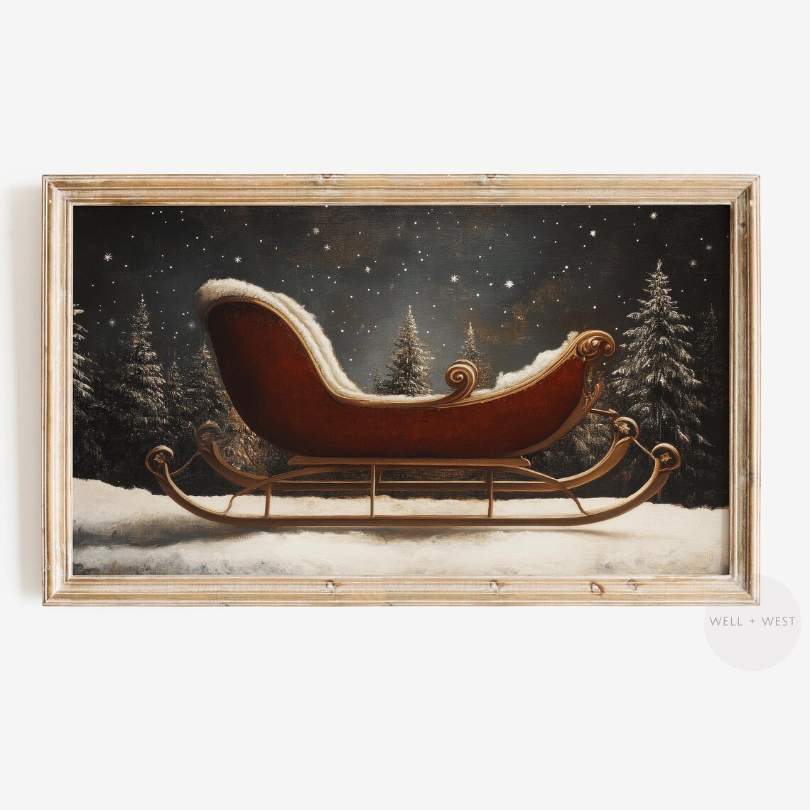 Vintage Santa Sleigh Red Snowy Starry Night Winter Christmas Poster