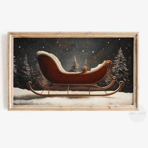 Christmas Sleigh Frame Tv Art Santas Sleigh Painting Moody Vintage Holiday Decor Winter Forest Tv Art Dark Aesthetic Tv Art Tv392