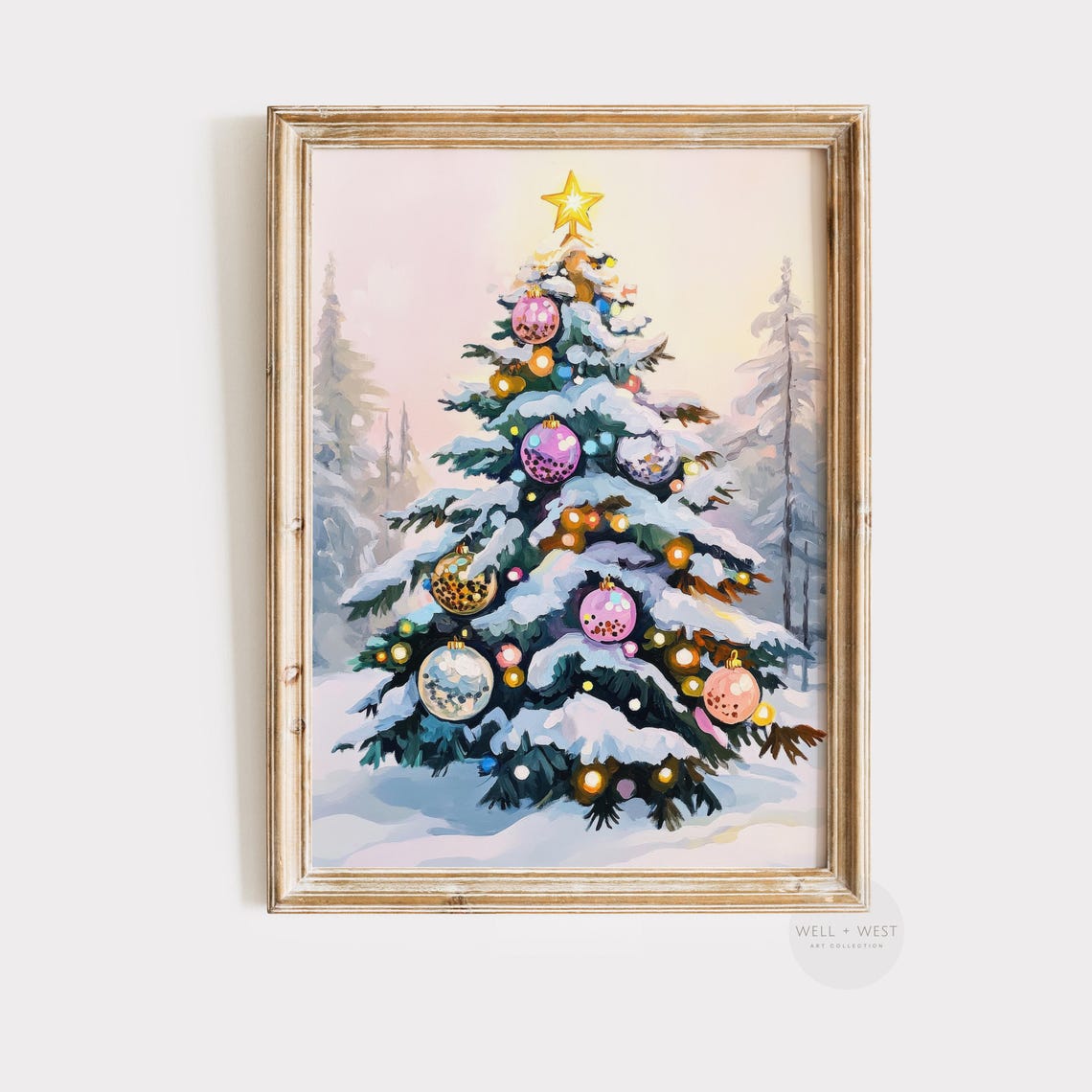Pastel Pink Christmas Tree Disco Ball Ornaments Winter Snow Poster