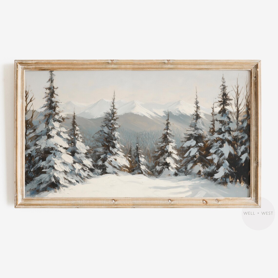 Snowy Pine Forest With Distant Peaks Vintage Winter Landscape Print