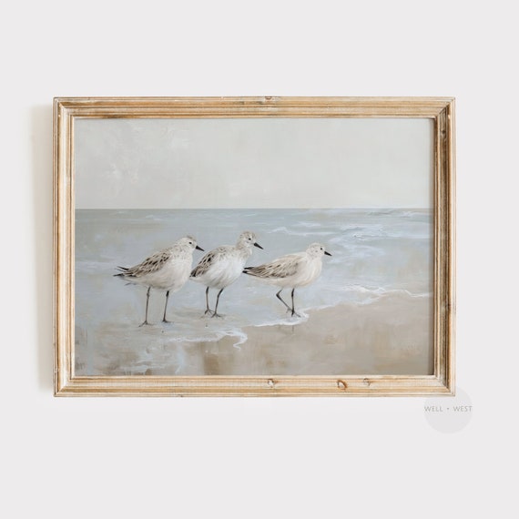 Vintage Neutral Beach Painting, Coastal Bird Art