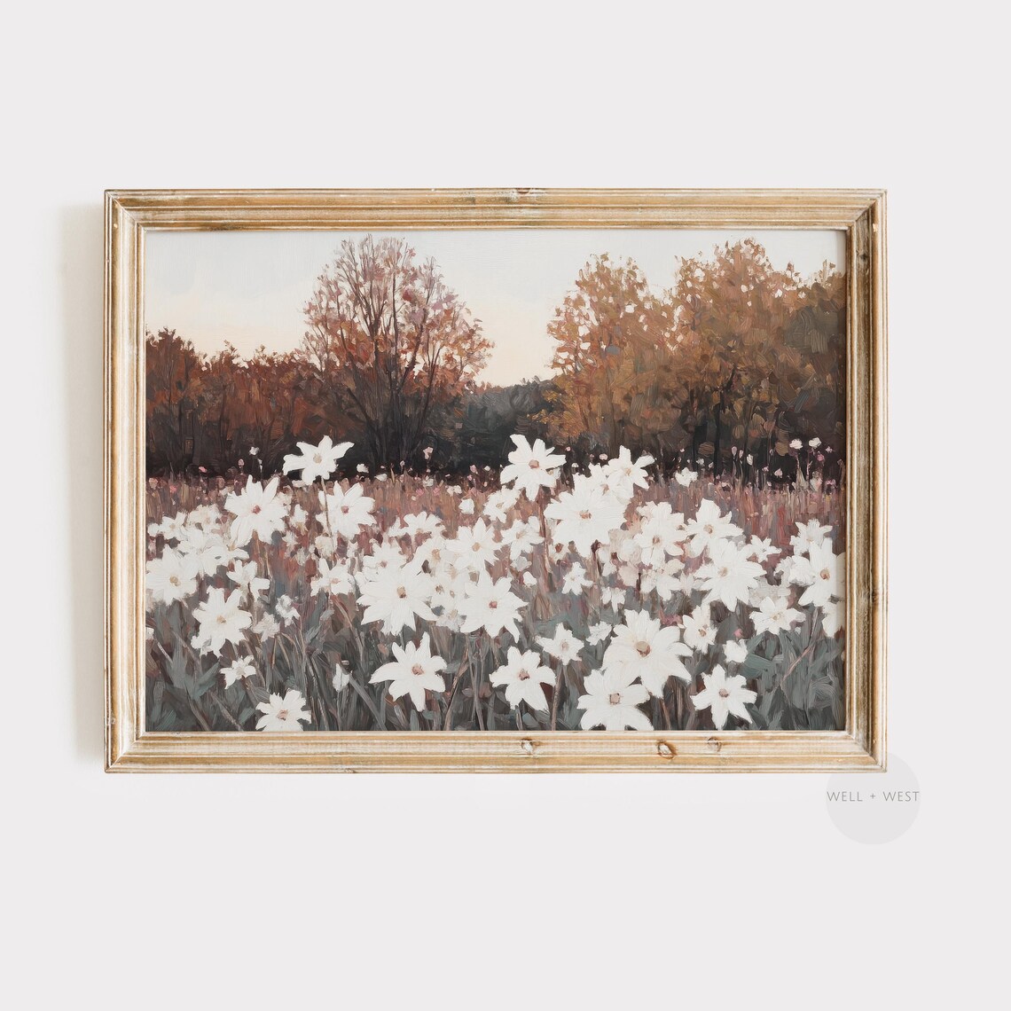 White Daisy Wildflower Field Autumn Trees Vintage Travel Poster