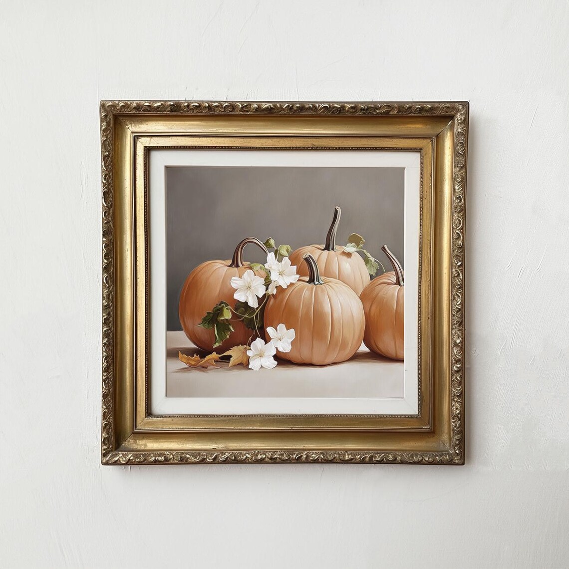 Four Pumpkins With White Blossoms Autumn Harvest Season Art Print - Image 2