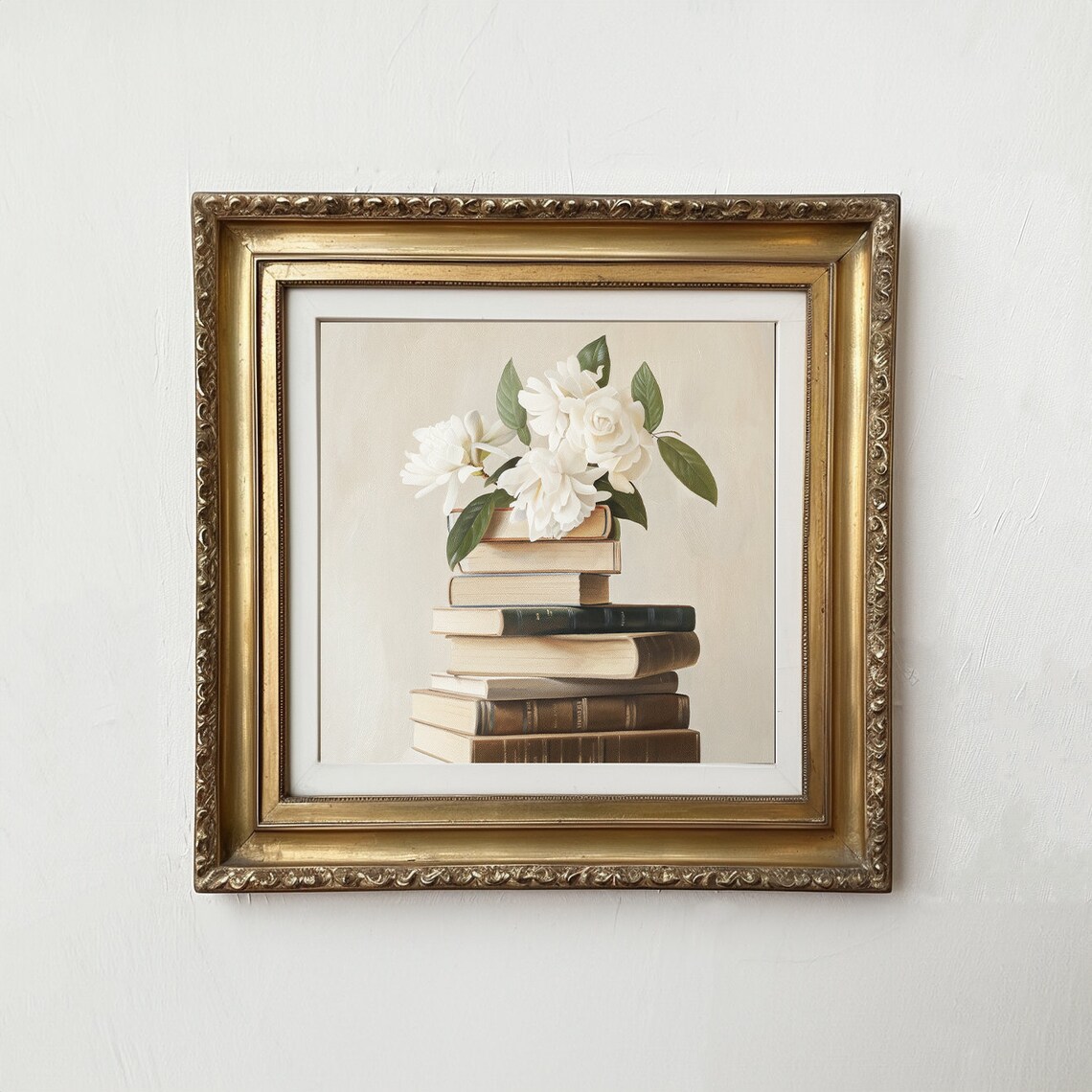 Stack Of Books With White Flowers, Vintage Art Print - Image 3