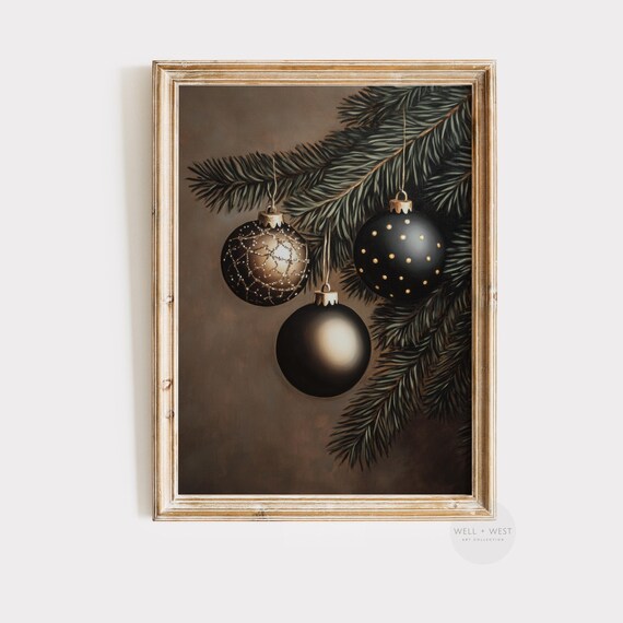 Vintage Ornament Print Neutral Moody Christmas Art Holiday Wall Art Dark Aesthetic Winter Decor Christmas Tree Art P379