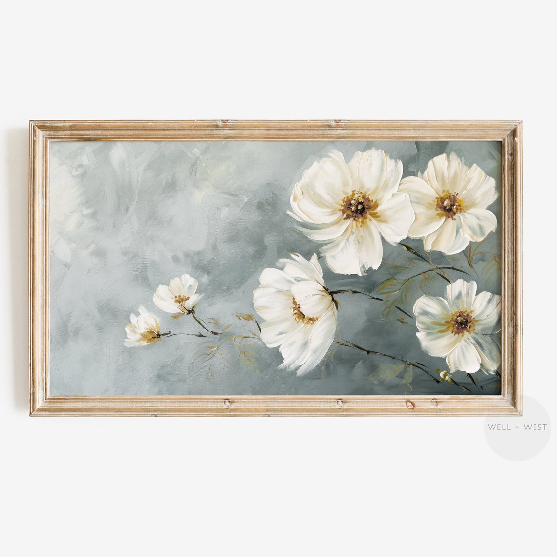 White Cosmos Flowers Sage Blue Botanical Vintage Floral Art Poster
