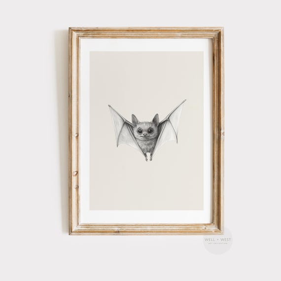 Bat Sketch Print Vintage Style Cute Bat Drawing Minimalist Neutral Halloween Decor Gothic Art Vampire Aesthetic P282