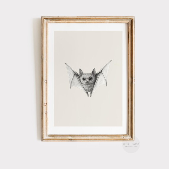 Cute Bat Pencil Sketch Vintage Minimalist Halloween Wall Art Print