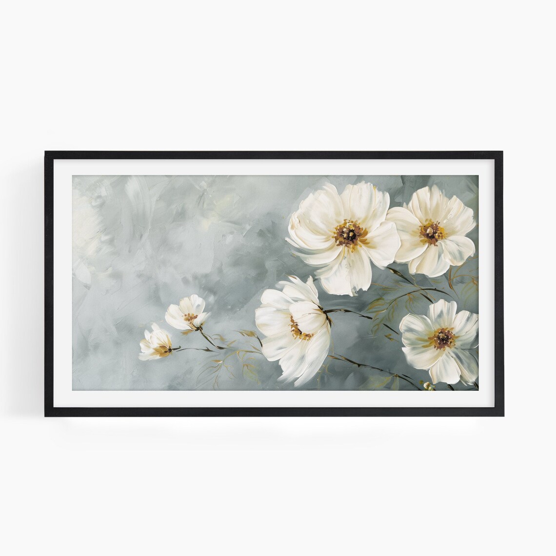 White Cosmos Flowers Sage Blue Botanical Vintage Floral Art Poster - Image 2