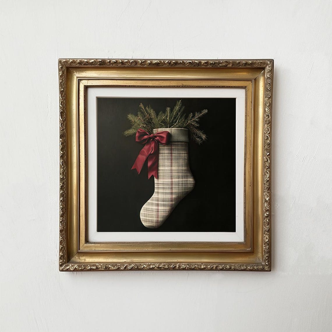 Vintage Plaid Christmas Stocking Red Bow Pine Dark Holiday Wall Art - Image 2