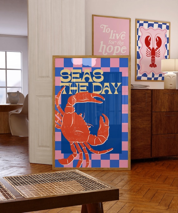 Crab Print Trendy Wall Art Poster Kitchen Art Print Blue Pink Minimalist Art Ocean Wall Art Wall Art Euro Holiday Print Dining Room Art