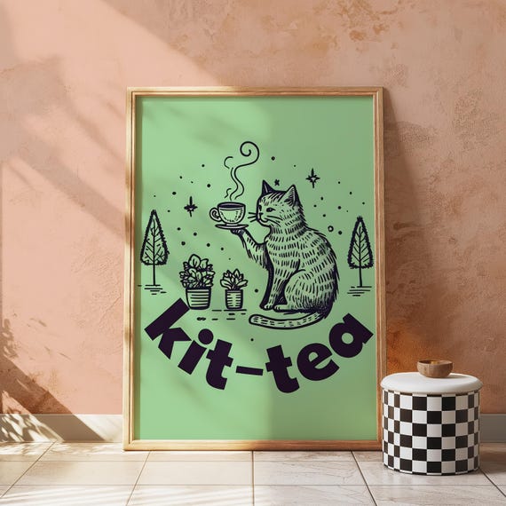 Green Kittea Poster, Funky Cat Kitchen Art Print
