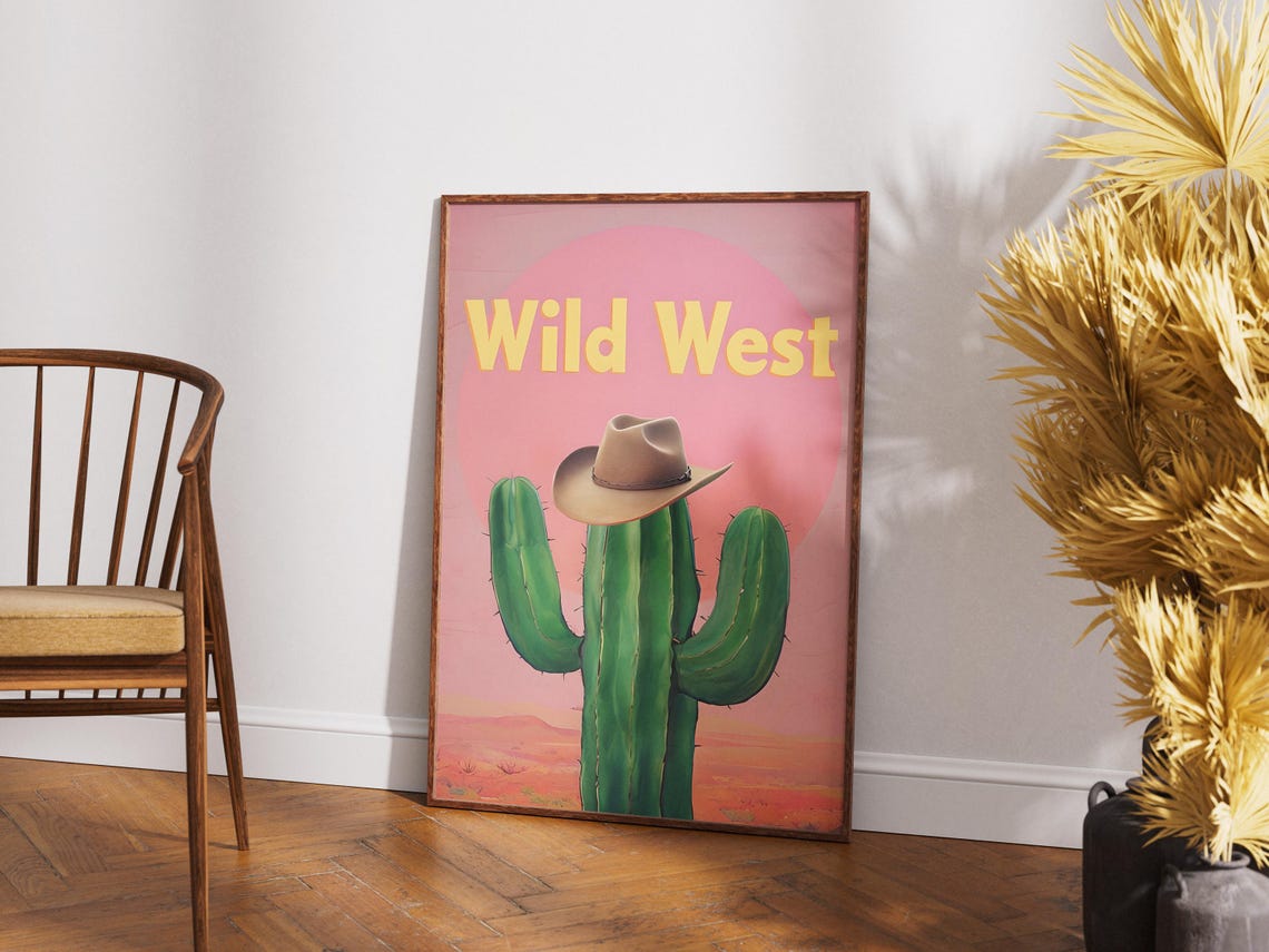 Wild West Saguaro Cactus Cowboy Hat Pink Desert Sunset Fun Wall Art