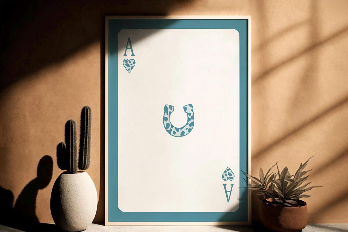 Teal Blue Ace of Hearts Western Cheetah Playing Card Print Gift