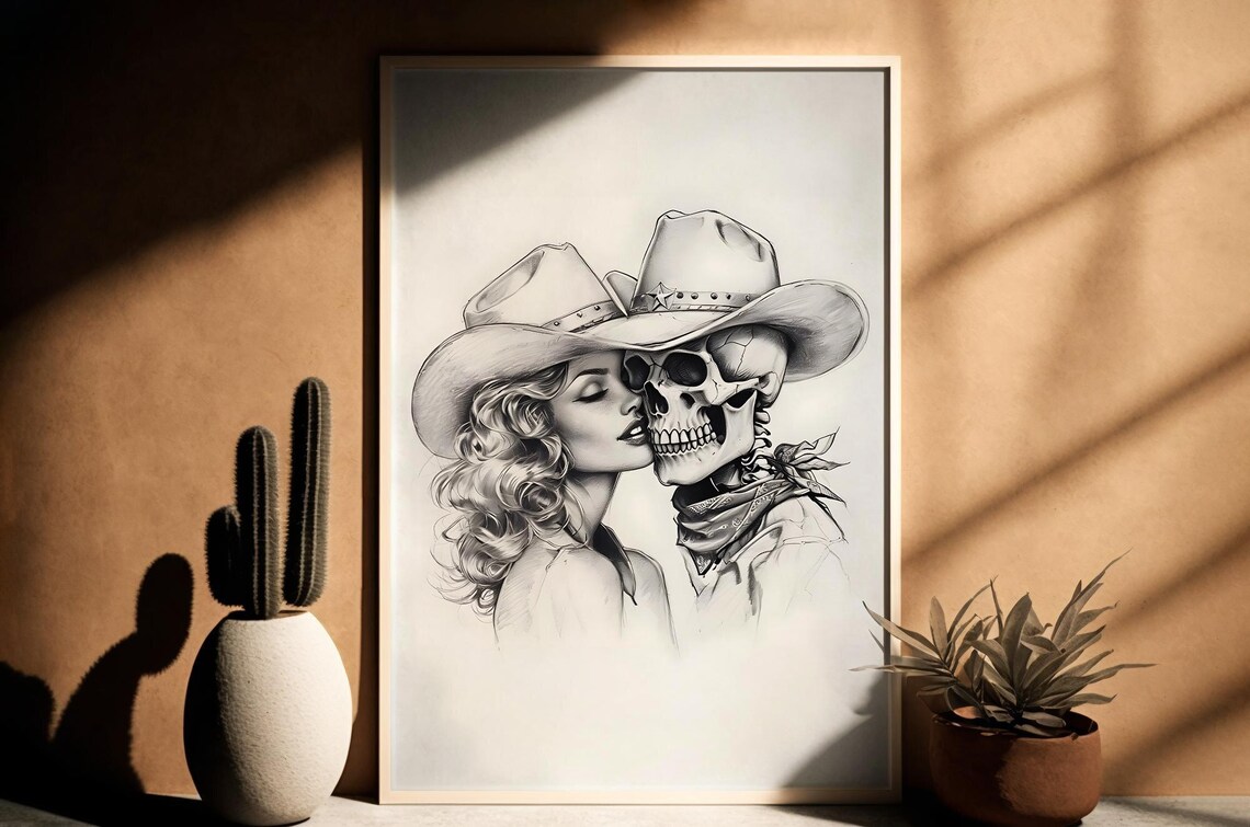 Black and White Sketch Cowgirl Kissing Skeleton Western Poster
