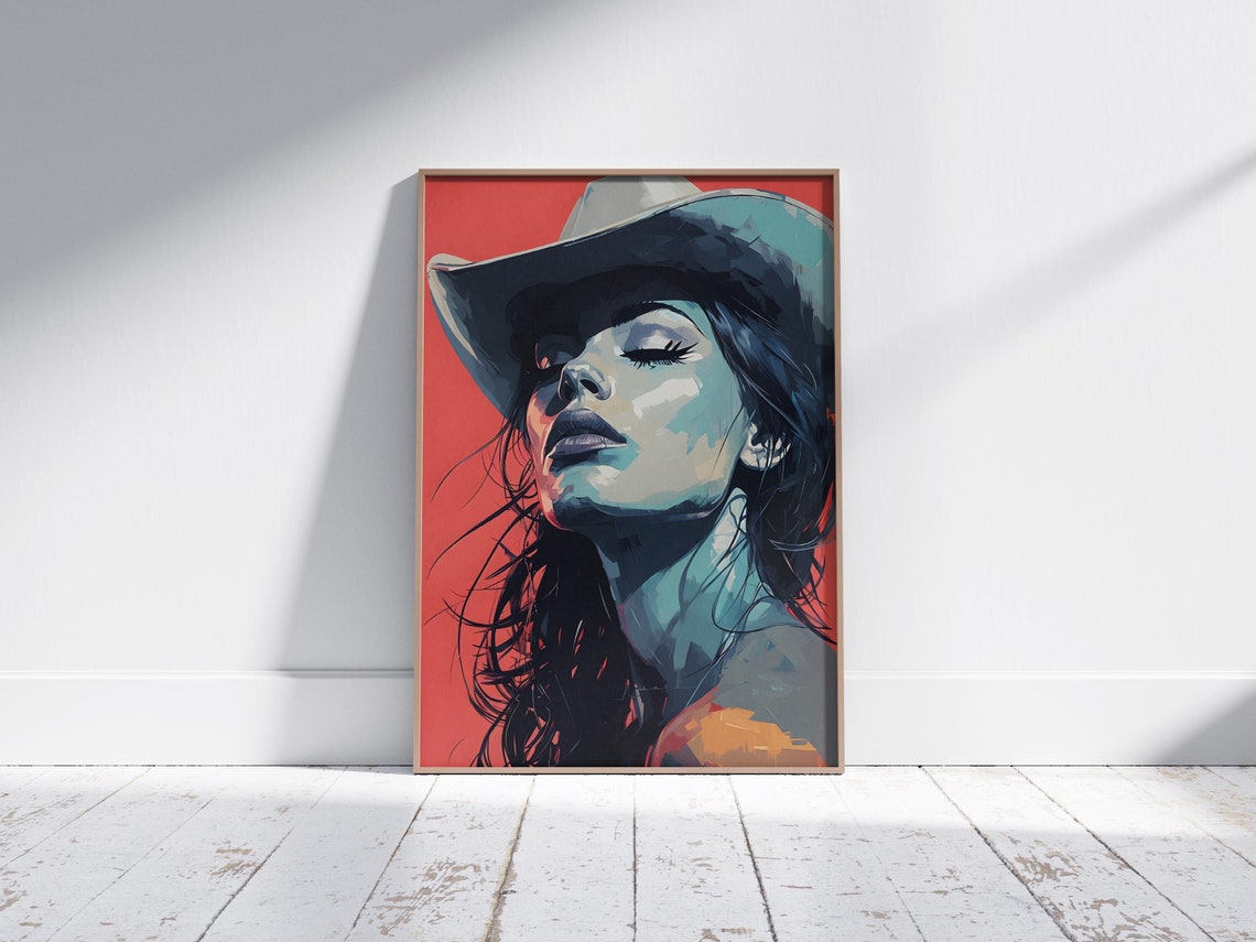 Bold Pop Art Cowgirl Portrait Red Background Modern Western Poster