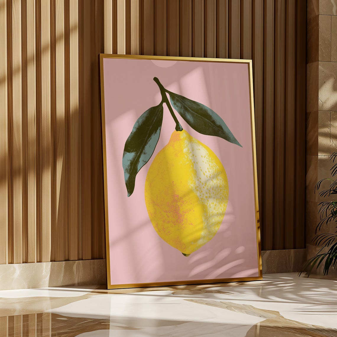 Pop Art Yellow Lemon With Leaves on Pink Background Wall Art - Image 2